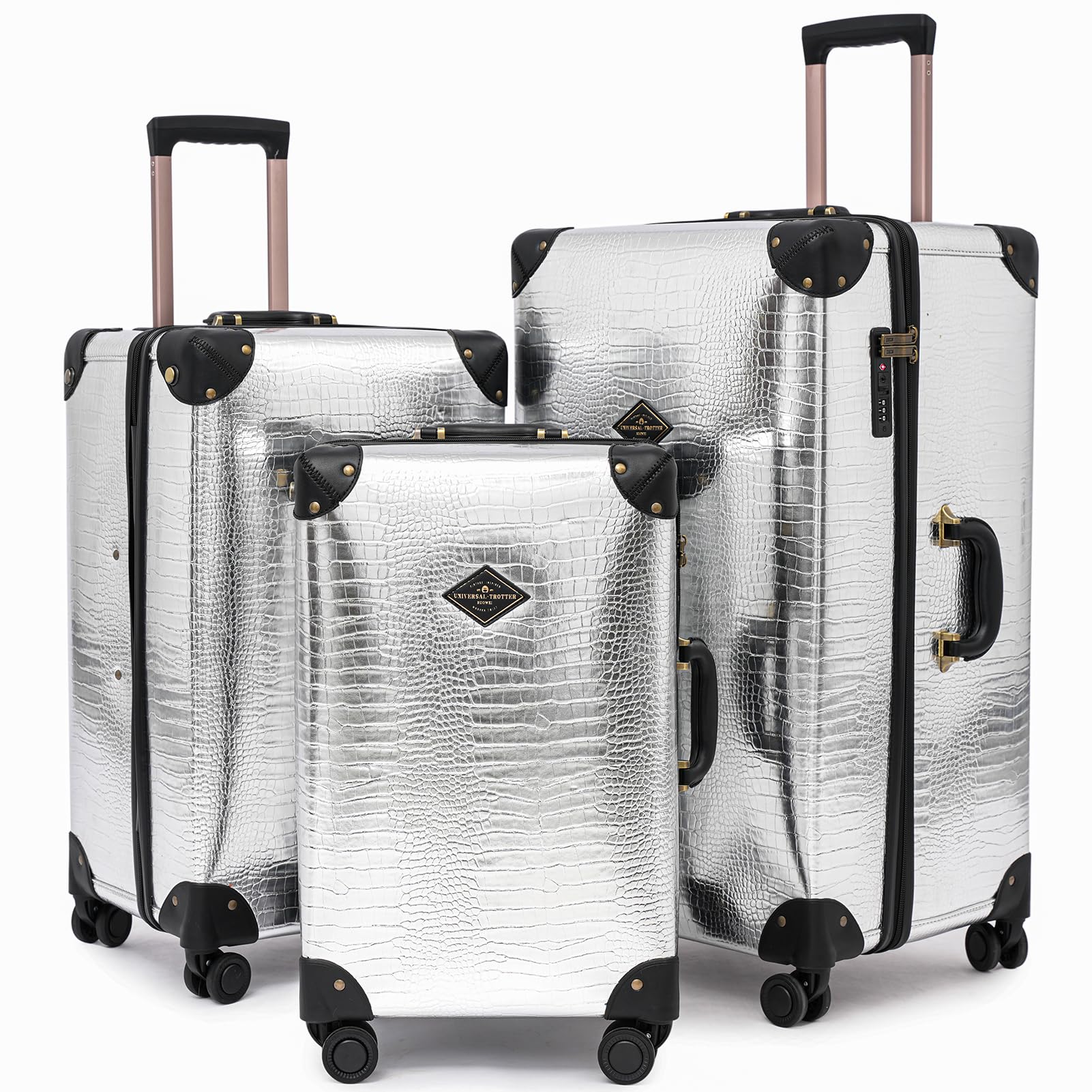 universal trotter 3-Piece High-Capacity Lightweight Vintage PU Leather Luggage Set (20/24/28 Carry-on & Checked), Water-Resistant PU Trunk Style, 360° Spinner Wheels (Silver)