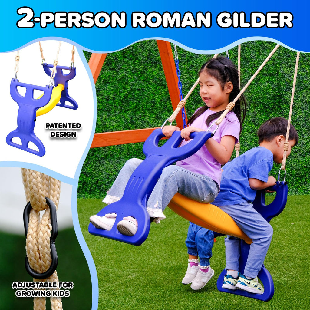 Sportspower Madison Cedar Wooden Swing Set: 2 Height Adjustable Swings and 2 Person Roman Glider Swing, Backyard Outdoor Playset for Kids