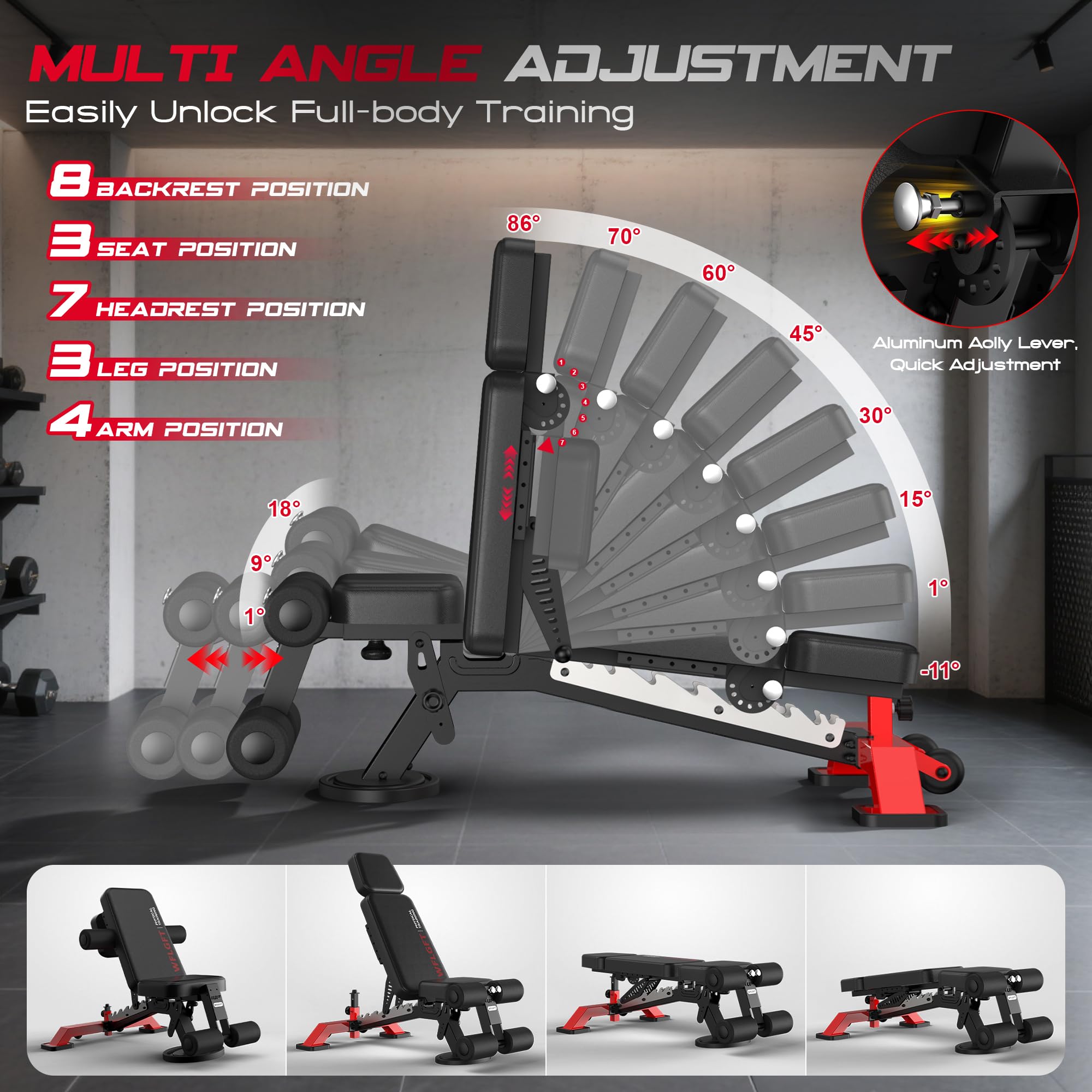 WFLGFT Commercial Adjustable Weight Bench, Heavy Duty 1800LBS Workout Bench for Home Gym, Flat, Decline, Incline Bench Press with Removable Leg and Elbow Support for Full Body Strength Training