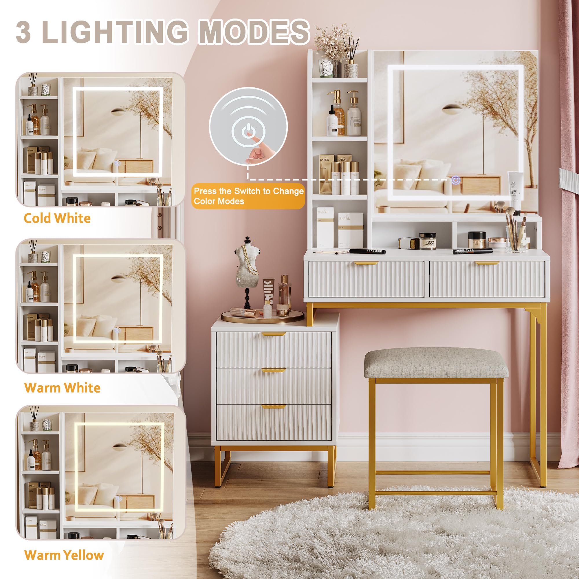 GAOMON Modern LED Makeup Vanity Desk with Mirror – 5 Drawers, Removable Side Cabinet, Cushioned Stool, Adjustable Lights – Bedroom Dressing Table for Girls & Women – Gold Iron + White Plate + Gold