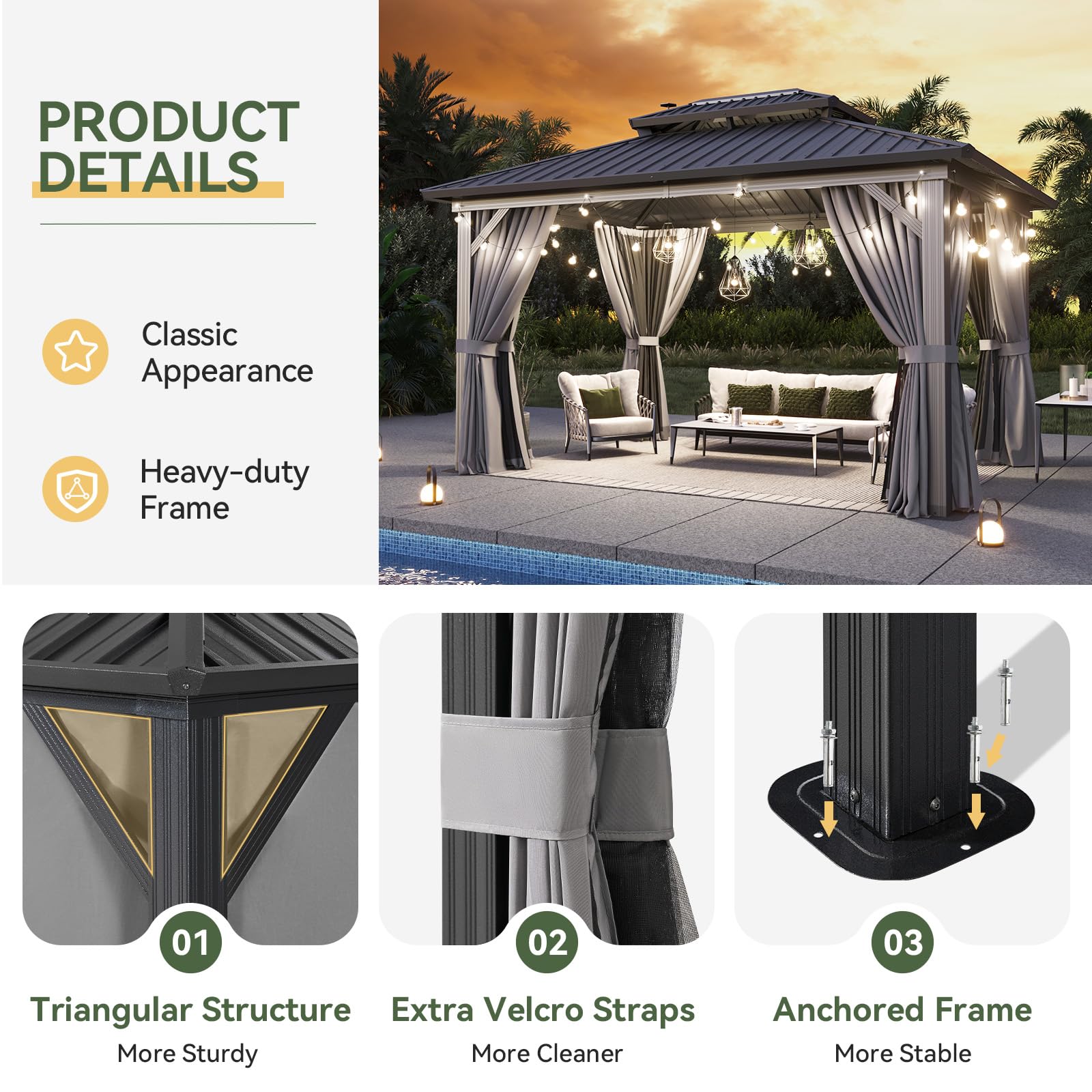 Aoxun 10'x14' Hardtop Gazebo, Aluminum Frame Canopy with Double Galvanized Steel Roof, Outdoor Metal Pavilion with Netting, Curtains for Backyard, Patio and Deck