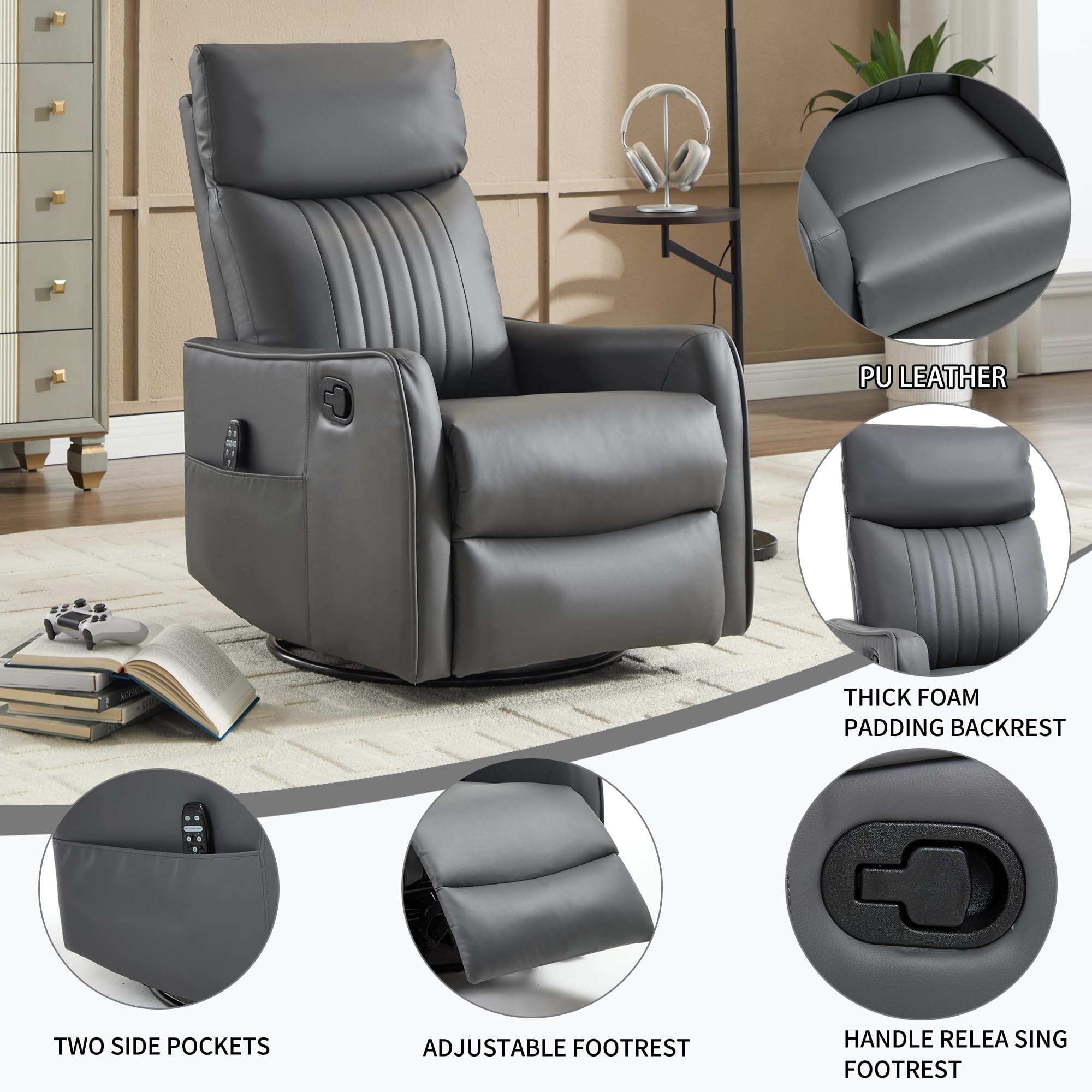 KEIKI 4-in-1 Manual Swivel Rocker Recliner Chair for Living Room, Faux Leather Nursery Glider Rocking Chairs with Back Massager & Heat, Built for RV Travel Living and Mobile Home, Grey