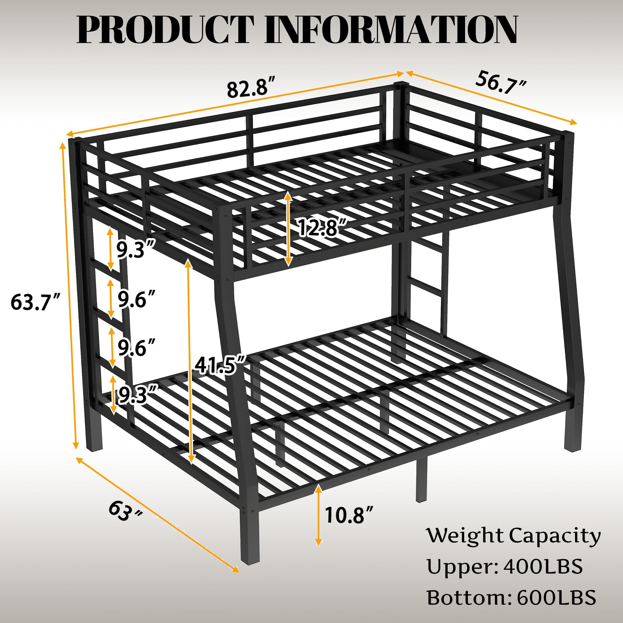 Bellemave Full XL Over Queen Bunk Bed with High Guardrail & Under-Bed Storage, Heavy Duty Metal Bunk Beds Frame with 2 Side Ladders, Full Over Queen Bunk Bed for Adults, No Box Spring Needed, Black