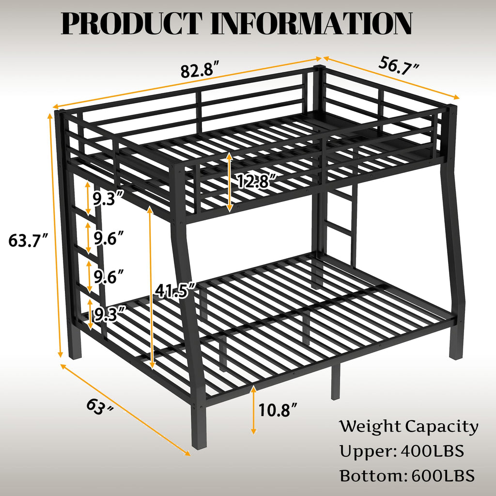 Bellemave Metal Full XL Over Queen Bunk Bed with High Guardrail & Under-Bed Storage, Heavy Duty Bunk Beds Frame with 2 Side Ladders, Full Over Queen Bunk Bed for Adults, No Box Spring Needed, Black