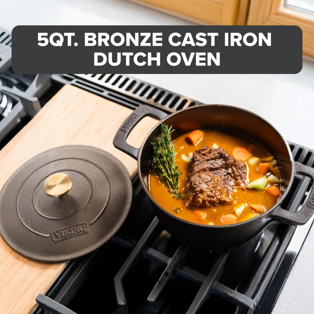 Viking Nonstick 5 Quart Dutch Oven with Self-Basting Lid, Bronze Cast Iron Cookware Pot, Made without PFAS, Induction Compatible, Oven Safe to 500F