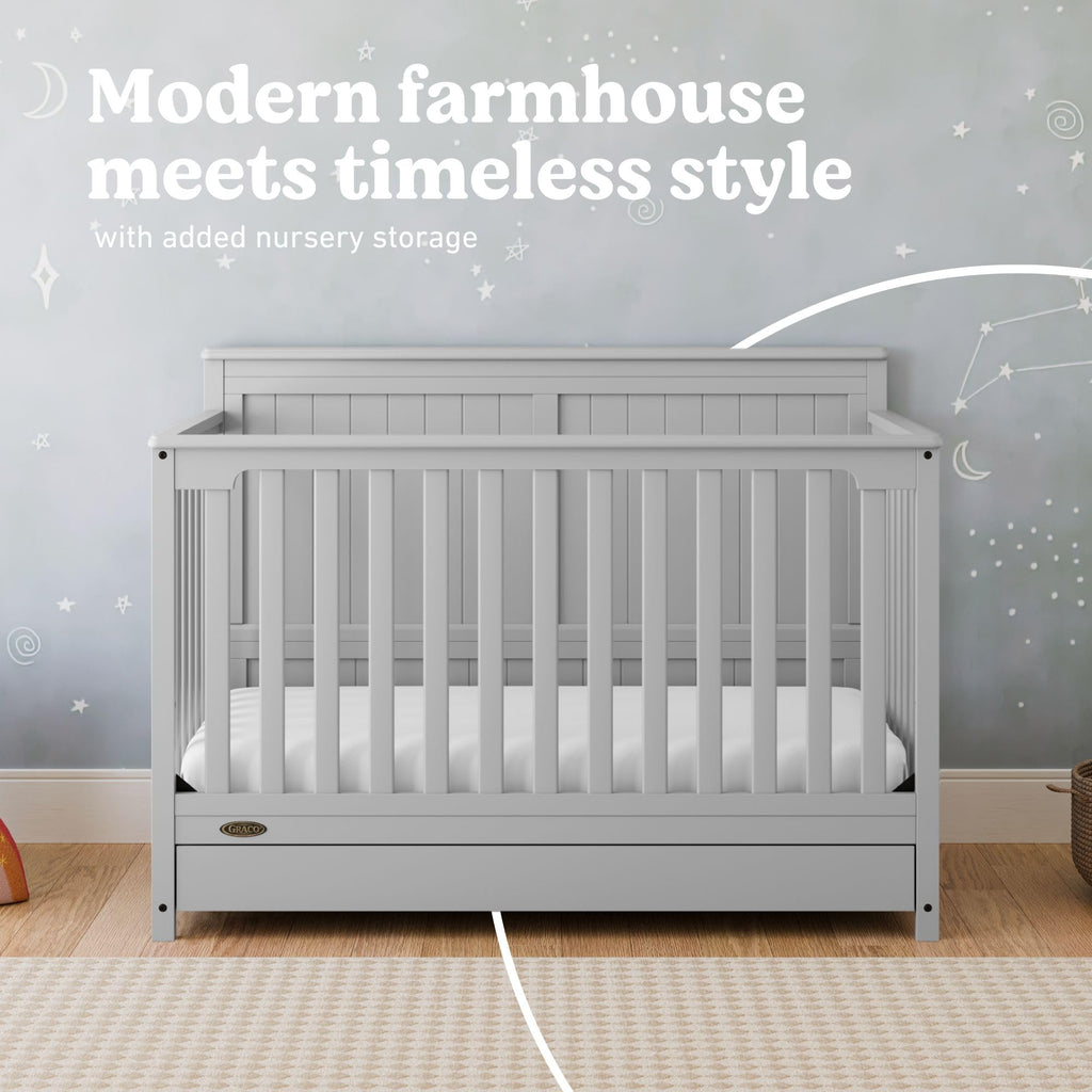 Graco Hadley 5-in-1 Convertible Crib with Drawer – GREENGUARD Gold Certified, Fits Standard Crib Mattress, Converts to Toddler Bed, Daybed and Full Bed, 4 Adjustable Mattress Heights (Pebble Gray)
