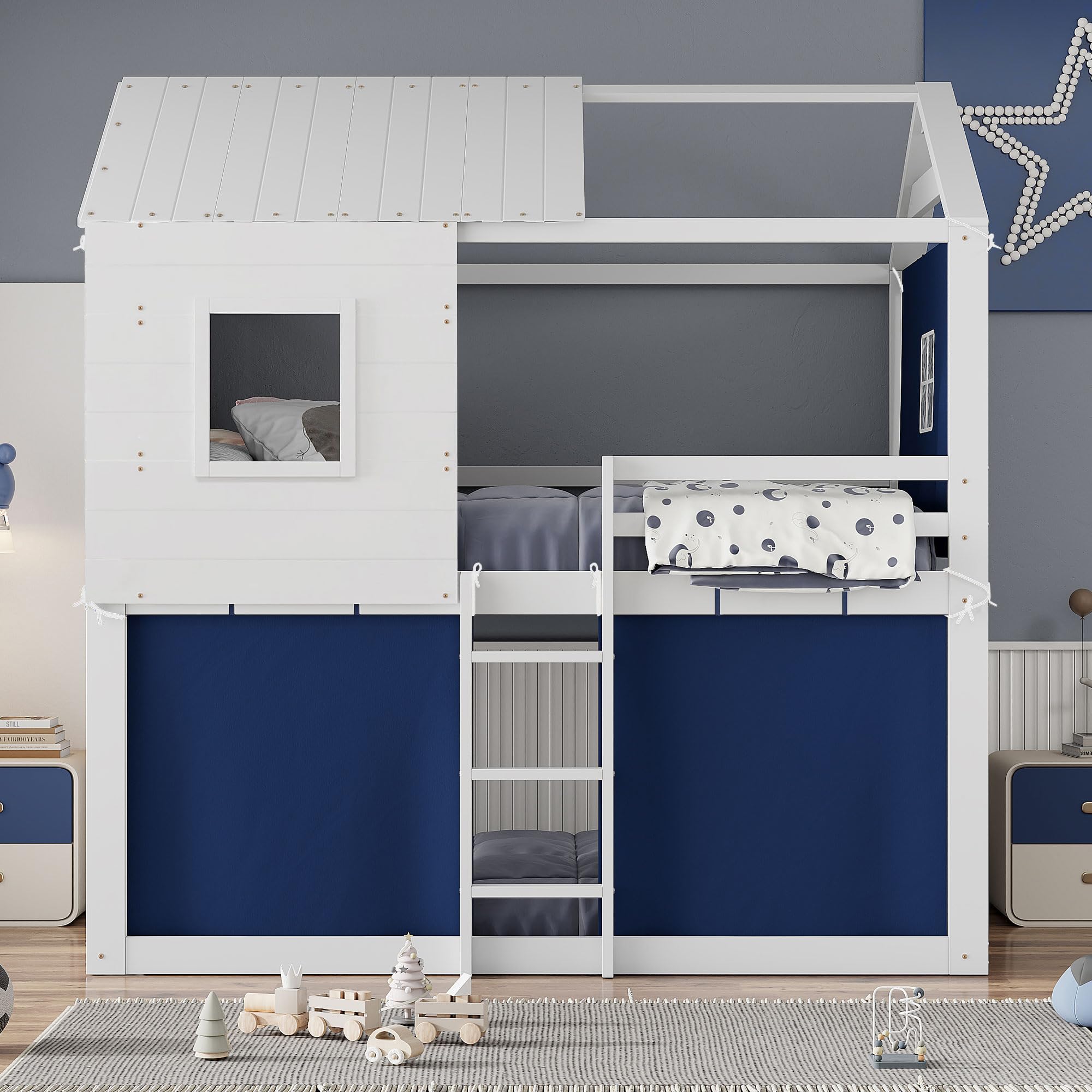 Full Over Full Bunk Bed with Tent, Wood Full Size House Bed Frame, Blue+White