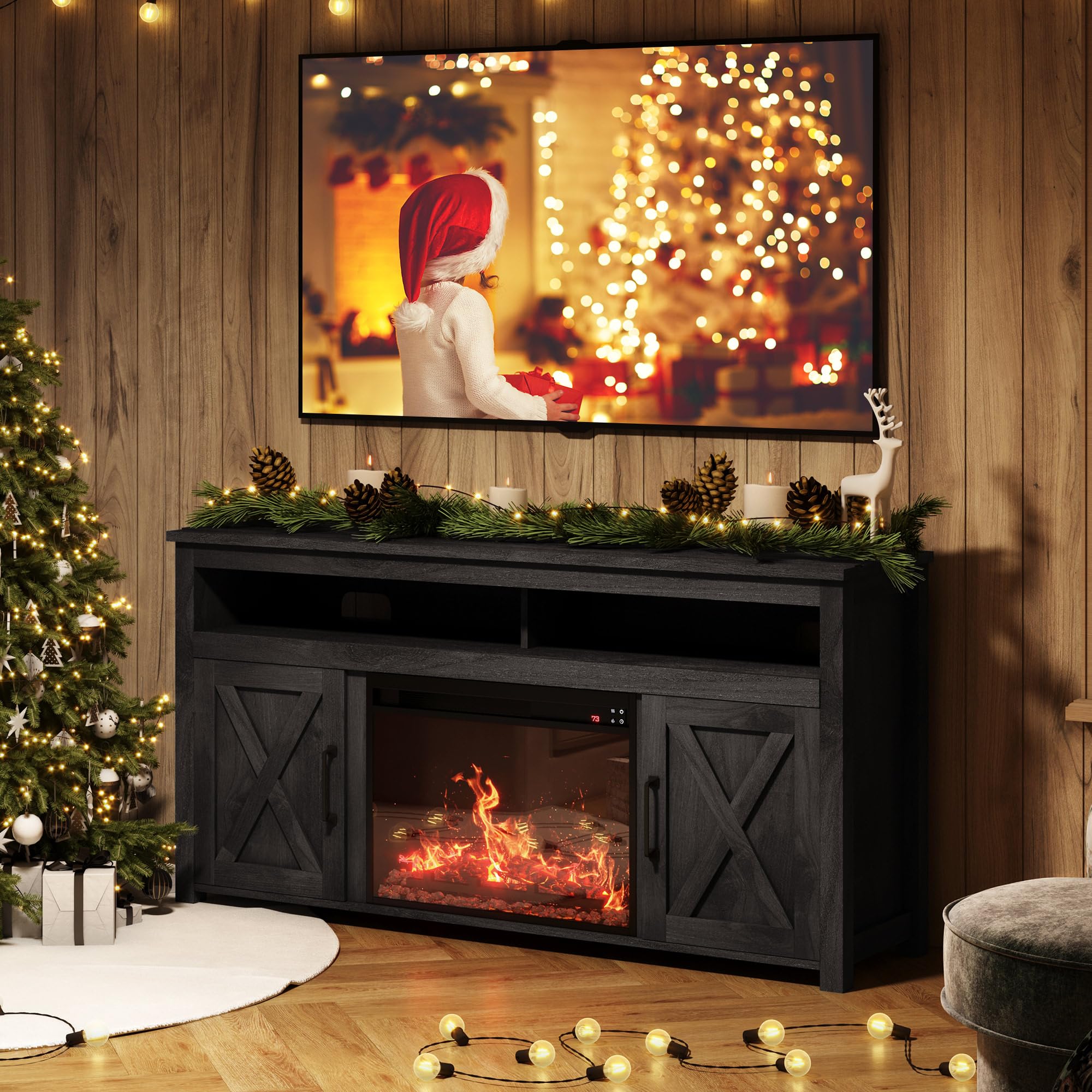 BELLEZE 58" Farmhouse Fireplace TV Stand for TVs up to 65", 23" Electric Fireplace Heater with Sound, Entertainment Center Media Console Table Barn Door Storage Cabinets for Living Room - Rustic Grey