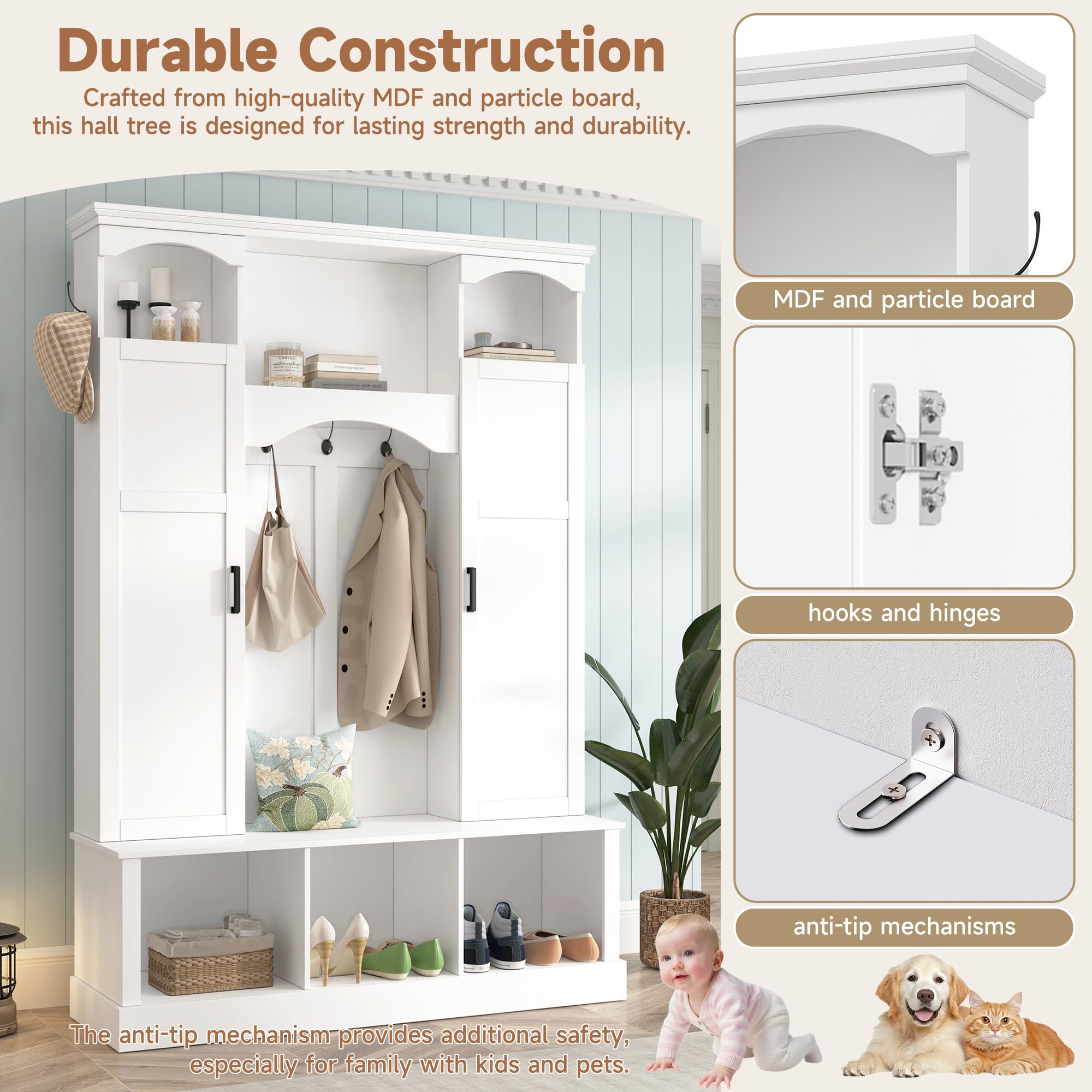 Merax Hall Tree with Bench and Shoe Storage 77.3" Tall with Adjustable Shelves, Modern All-in-One Entryway Bench with 2 Side Cabinets & 7 Hooks, Elegant Arched Design, 55.1"L x 15.7"W (White)