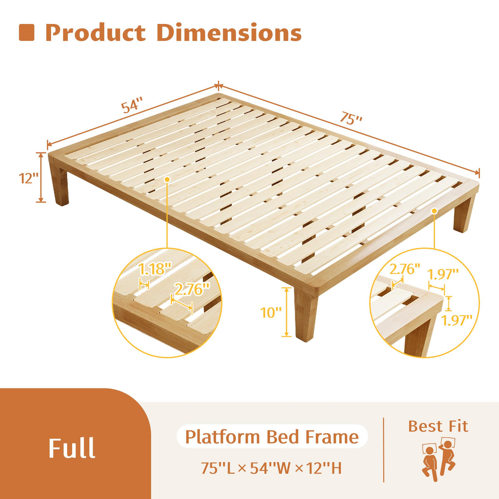 IOTXY Full Platform Bed Frame - 12 Inch Solid Wood Mattress Foundation Base with Heavy-Duty Support Slats & Legs, Rubberwood Full-Size Bedframe