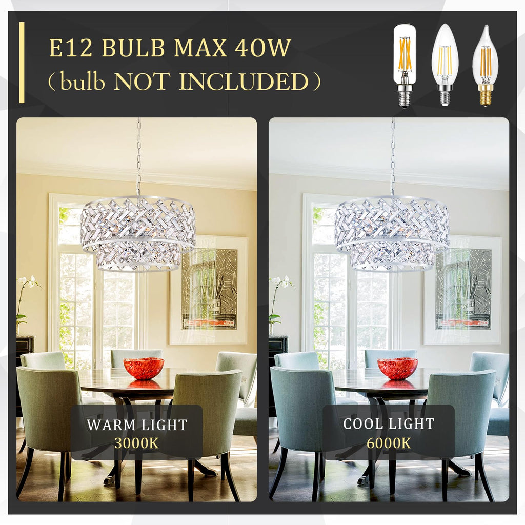 20'' Modern 6-Light Chrome Crystal Pendant Chandelier, Luxury Round Semi Flush Mount Ceiling Light for Living Room, Dining Room, Kitchen, Foyer, Bedroom