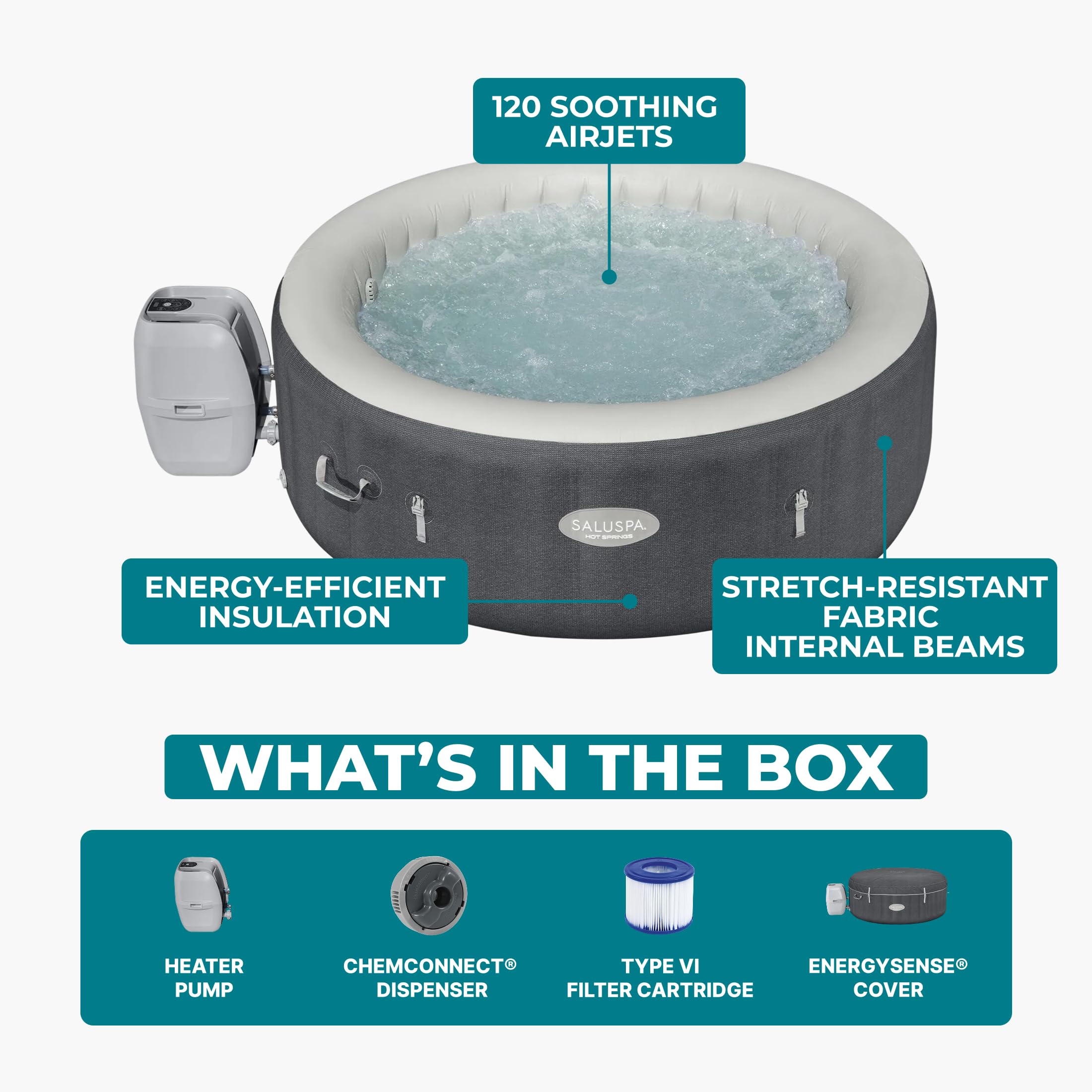 Bestway SaluSpa Hot Springs Inflatable Hot Tub, Fits Up to 2-4 Persons, Energy-Efficient Portable Spa, Outdoor Blow Up Hottub for Backyard, 120 AirJets, 71" x 26" Round