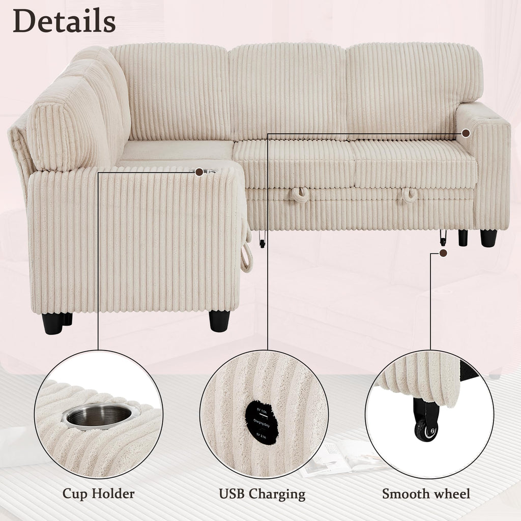 ERYE L-Shaped Symmetrical Sleeper Sectional Sofa W/Pull Out Sleeper Couch Bed and Storage Seat for Living Room, Corduroy Tufted Corner Convertible Sofa Bed with USB-C Ports