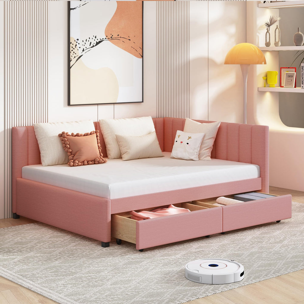 Merax Upholstered Daybed with 2 Storage Drawers, Full Size Sofa Bed Frame, No Box Spring Needed, Linen Fabric, Pink