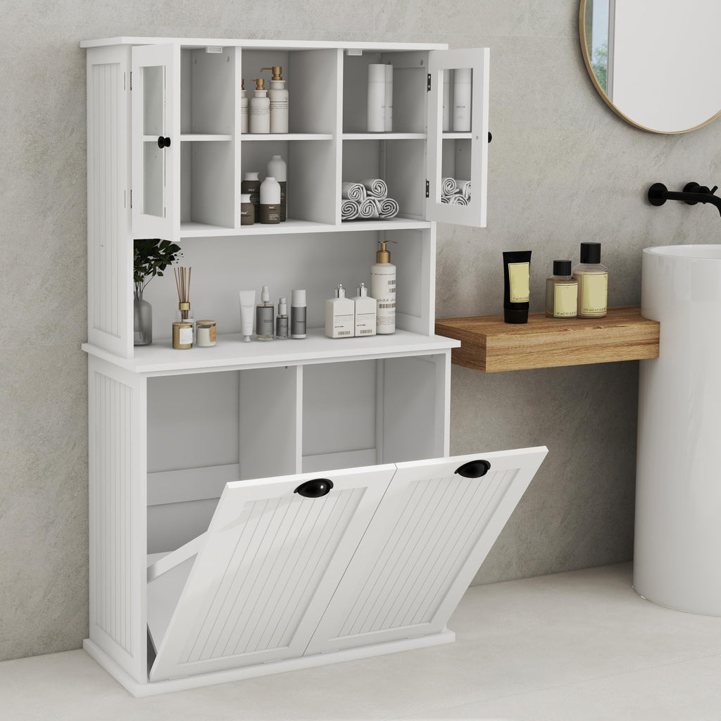 Amacv Two-Compartment Tilt-Out Dirty Laundry Basket Tall Bathroom Cabinet with 2 Adjustable Shelves-White