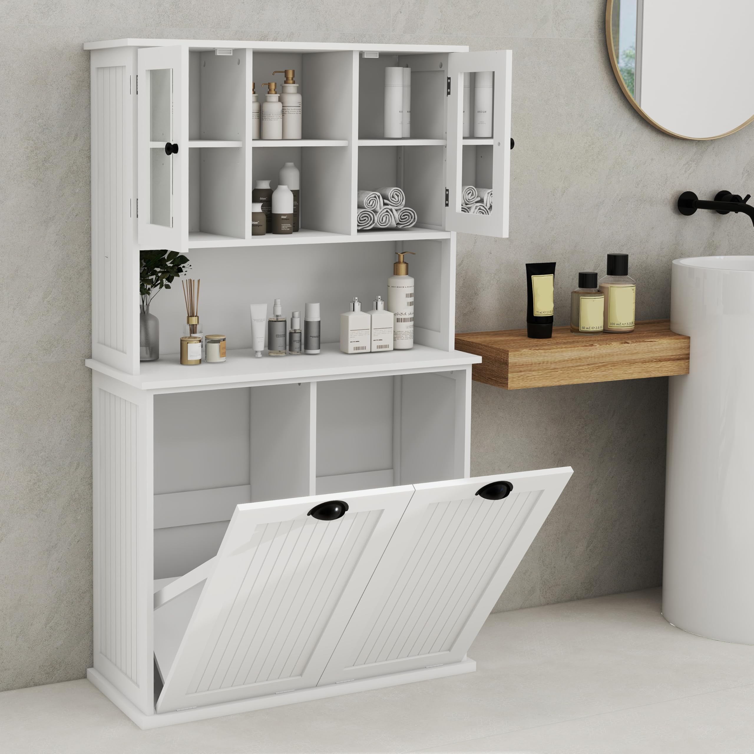 Amacv Two-Compartment Tilt-Out Dirty Laundry Basket Tall Bathroom Cabinet with 2 Adjustable Shelves-White