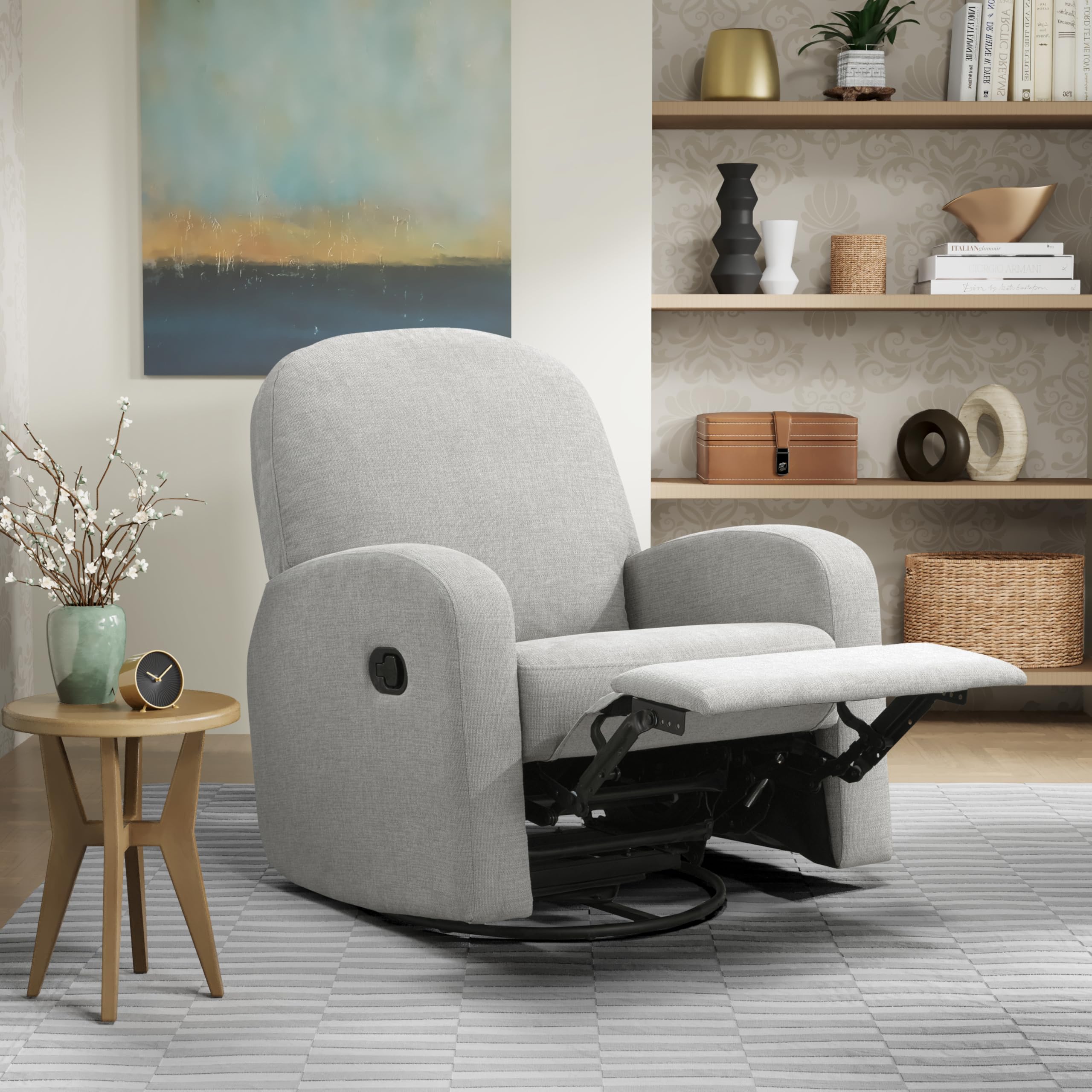 Relax-A-Lounger Palmdale 37.4" Swivel Rocker Manual Pull-Handle Recliner, Soft Modern, Pocket Coil Comfort, Black Metal Swivel Base Leg, Soft Chenille Fabric, Light Gray