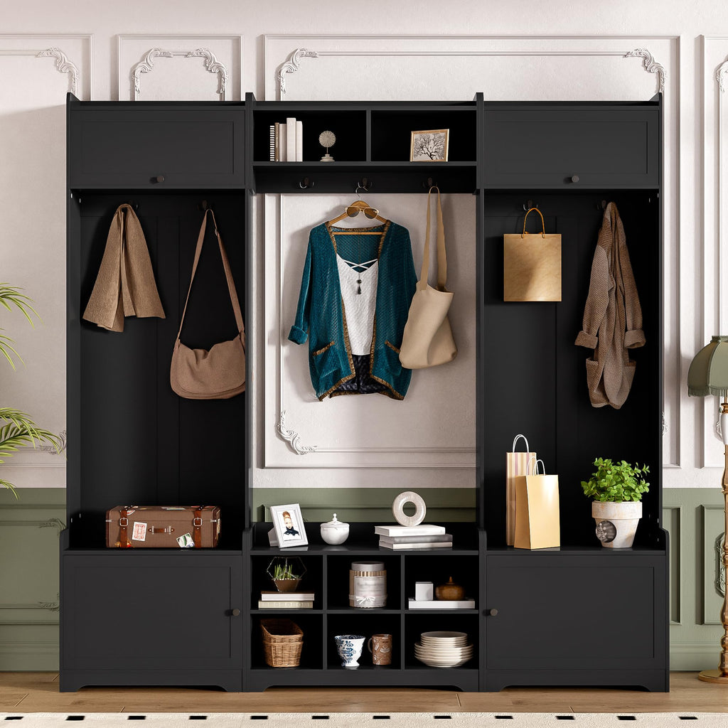 Merax Hall Tree with Shoe Storage, 4-in-1 Entryway Bench with Coat Rack & Adjustable Shelf & Top Storage for Hallway, Black