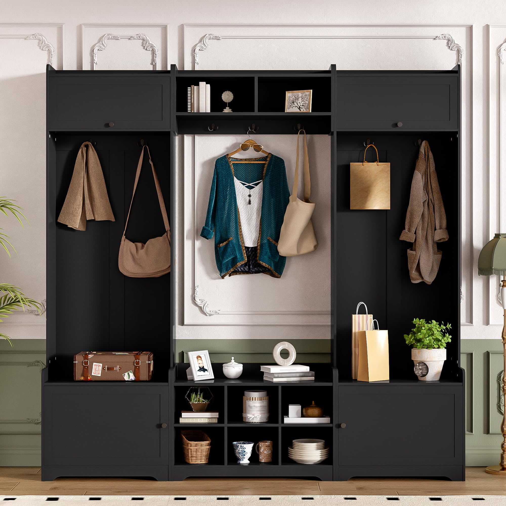 Merax Hall Tree with Shoe Storage, 4-in-1 Entryway Bench with Coat Rack & Adjustable Shelf & Top Storage for Hallway, Black