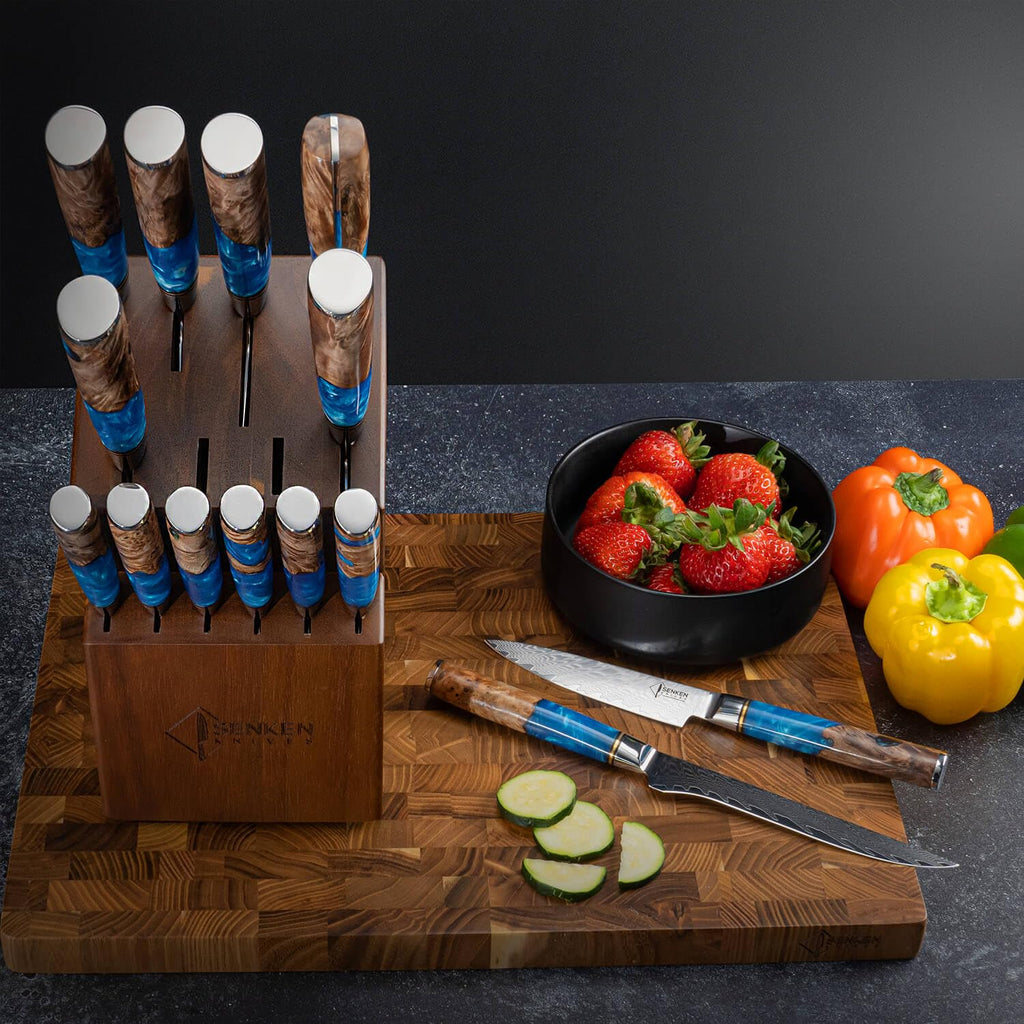 SENKEN 15-Piece Damascus Knife Block Set - "Tsunami" Collection Japanese Chef Knife Set - 67-Layer Japanese VG10 Steel Blades, Includes Chef Knife, Cleaver, 6 Steak Knives (Blue)