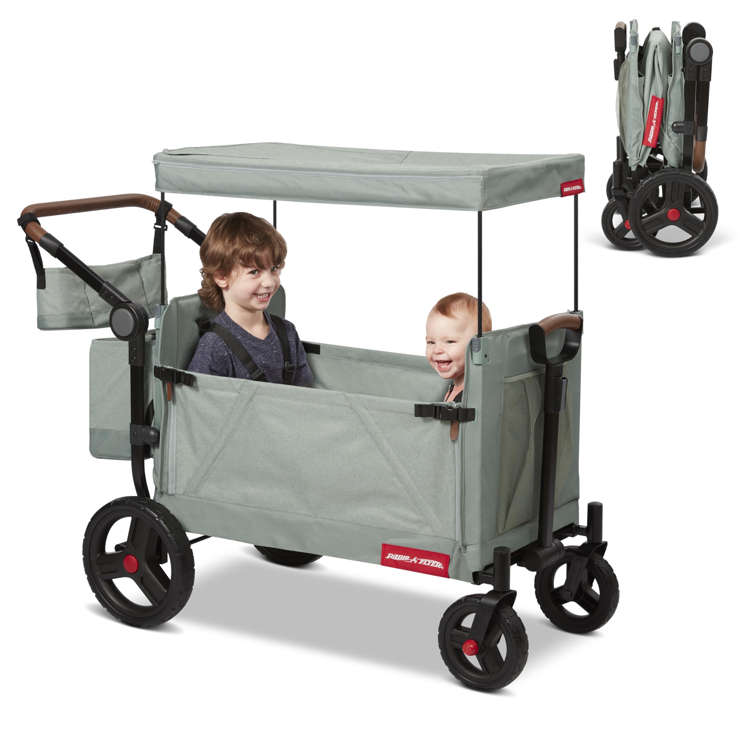 Radio Flyer Atlas Stroll 'N Wagon, Sage Green, for Ages 1+, 3-in-1 Push or Pull Versatility, One-Hand Fold, UV Canopy, 5-Point Harnesses, Storage Capabilities, Rubber Wheels, Stroller Wagon for Kids