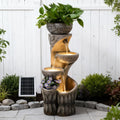 4 Tiered Solar Water Fountain Outdoor Garden, 35.6" Tall Cascading Bowl Leaf Carved Outdoor Waterfall Fountains Modern Water Feature with Dual Planters for Garden, Patio, Deck, Yard, Indoor Decor