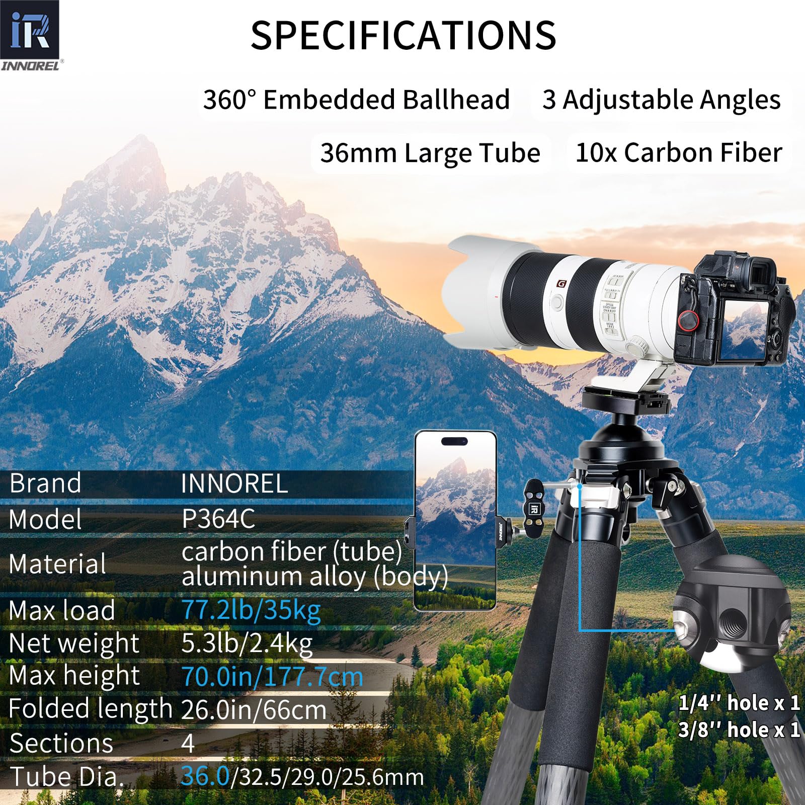 INNOREL Carbon Fiber Tripod for Hunting, 360° Large Ball Head(2.17"), with Arca Swiss Dovetail Mount, 70" Hevy Duty Stable Tripod for Photography and Outdoors, Max Load 77lb/35kg, P364C