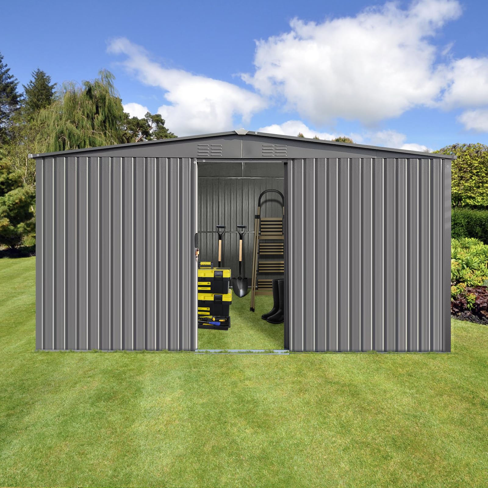YOPTO 11x13 FT Outdoor Storage Shed,Metal Waterproof Tool House with Firewood Shed and 2 Integrated Punched Vents,2-in-1 Garden Storager Apex Roof Shelter w/Window & Door for Wood,Bicycles,Grey