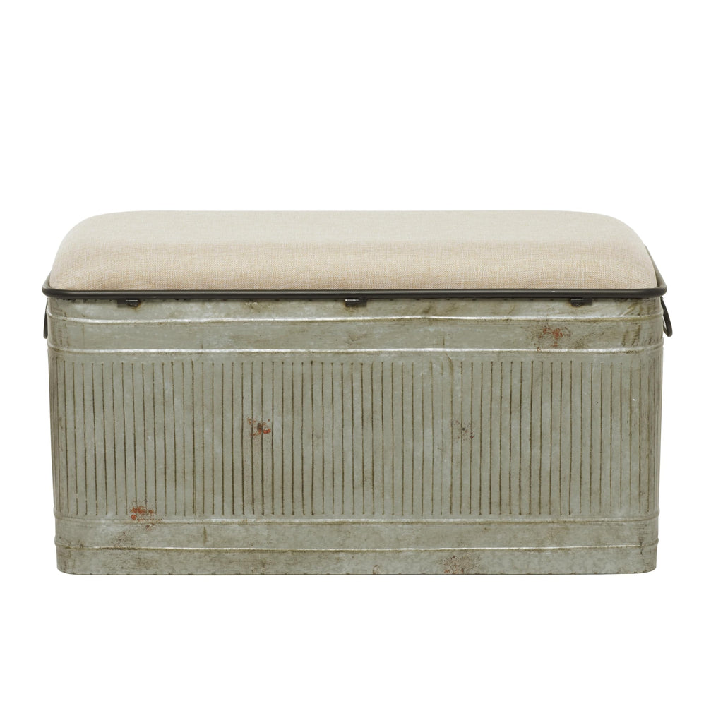 Deco 79 Metal Room Storage Bench Galvanized Entryway Bench with Cream Burlap Top and Black Latches, Bench 38" x 16" x 19", Gray