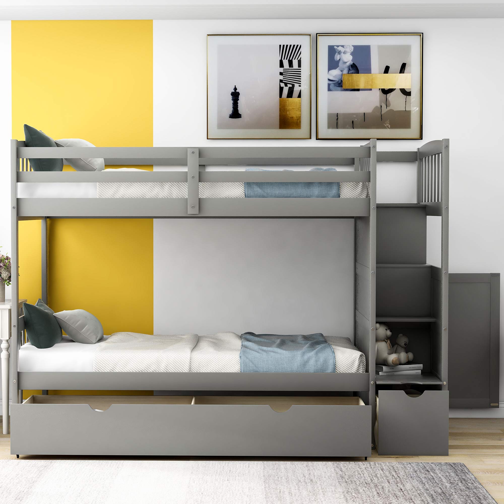 Merax Twin Over Full/Twin Bunk Bed with Stairs & Storage, 3-in-1 Convertible Bottom Bed with Storage Shelves and Drawers, Bunk Bed with Guardrails for Bedroom, Gray