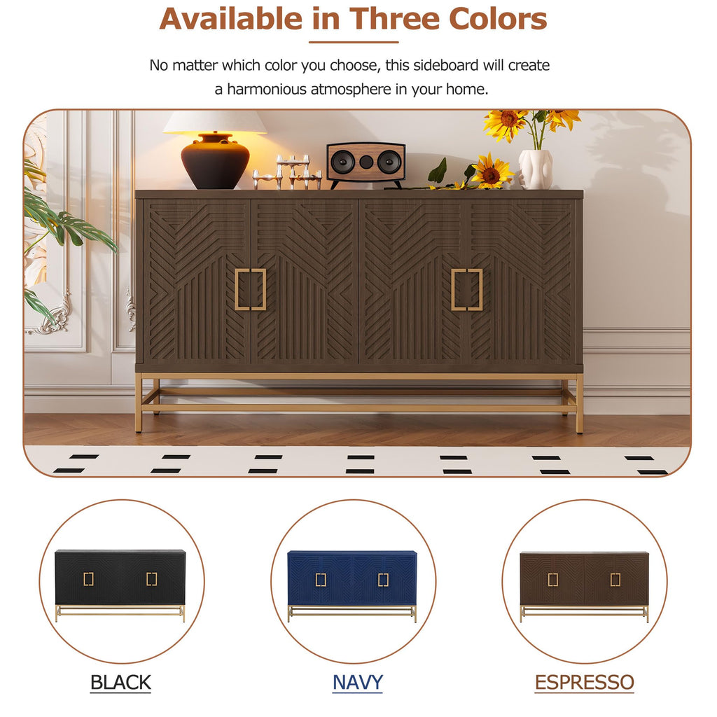 GDFStudio 60" Modern Sideboard Buffet Storage Cabinet with 4 Doors & Adjustable Shelves, Retro Coffee Bar with Metal Handles & Legs, Kitchen Cupboard Organizer for Dining Room Living Room, Espresso