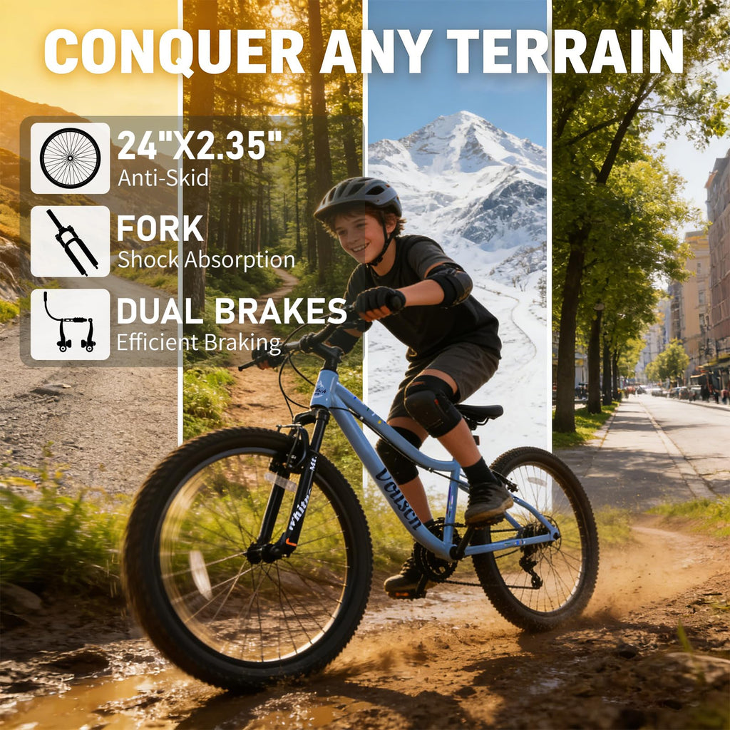 vollsch 24 Inch Kids Mountain Bike for 9-15 Years Old Boys Girls Teens 6-Speed Child MTB Bicycle with Front Suspension Fork, Slate Grey