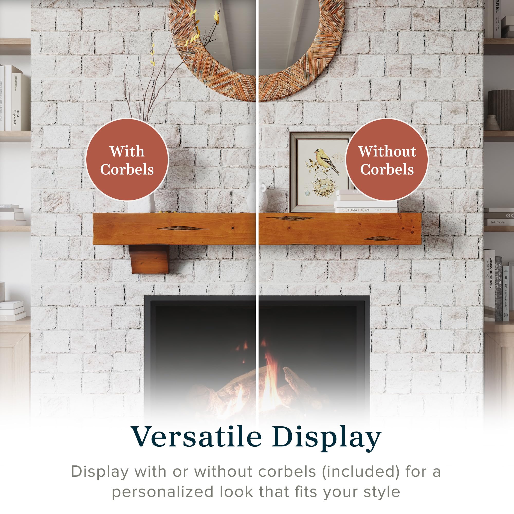 MANTELSDIRECT Breckenridge 60” Fireplace Mantel Shelf with Corbels – Rustic Floating Mantel Shelf for Over Fireplace – Chestnut - Wood Shelf for Wall – Pine Box Construction