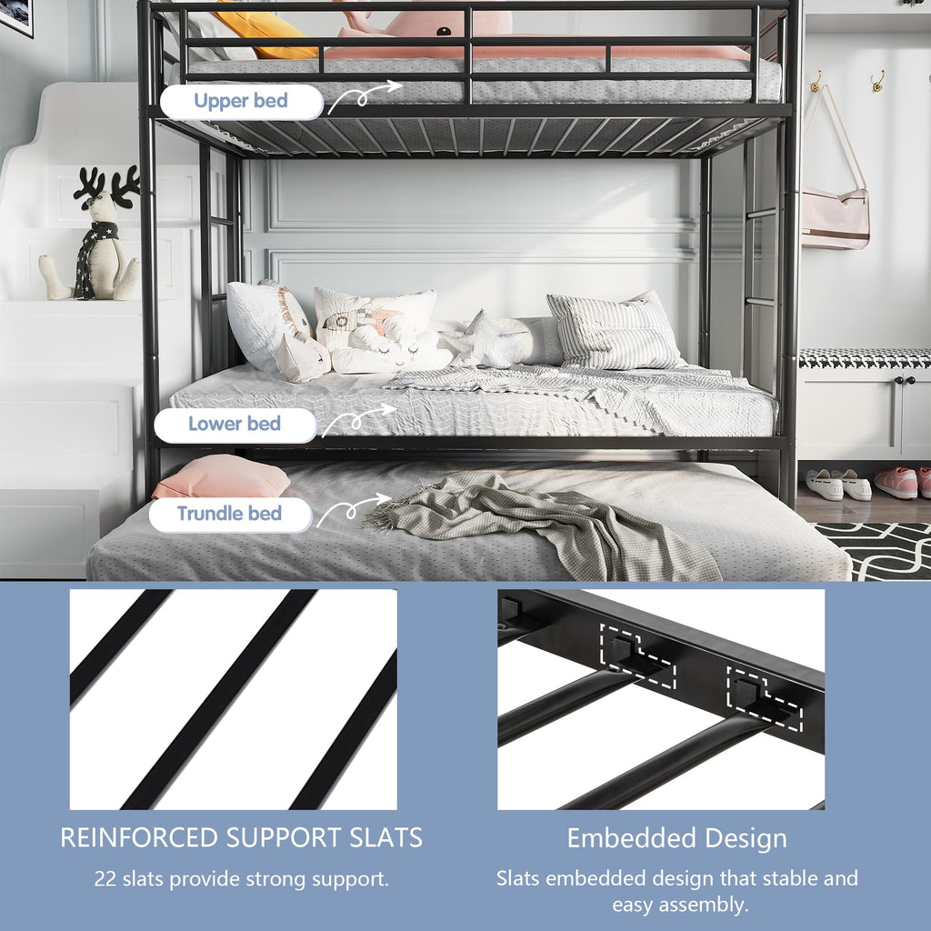 SUNLEI Metal Bunk Beds with Double Secured Ladders, Twin Bunk Bed with Surrounded Safety Guardrails, Space Saver Twin Beds, Noise Free for Small Bedroom, with Trundle Function, Solid Black