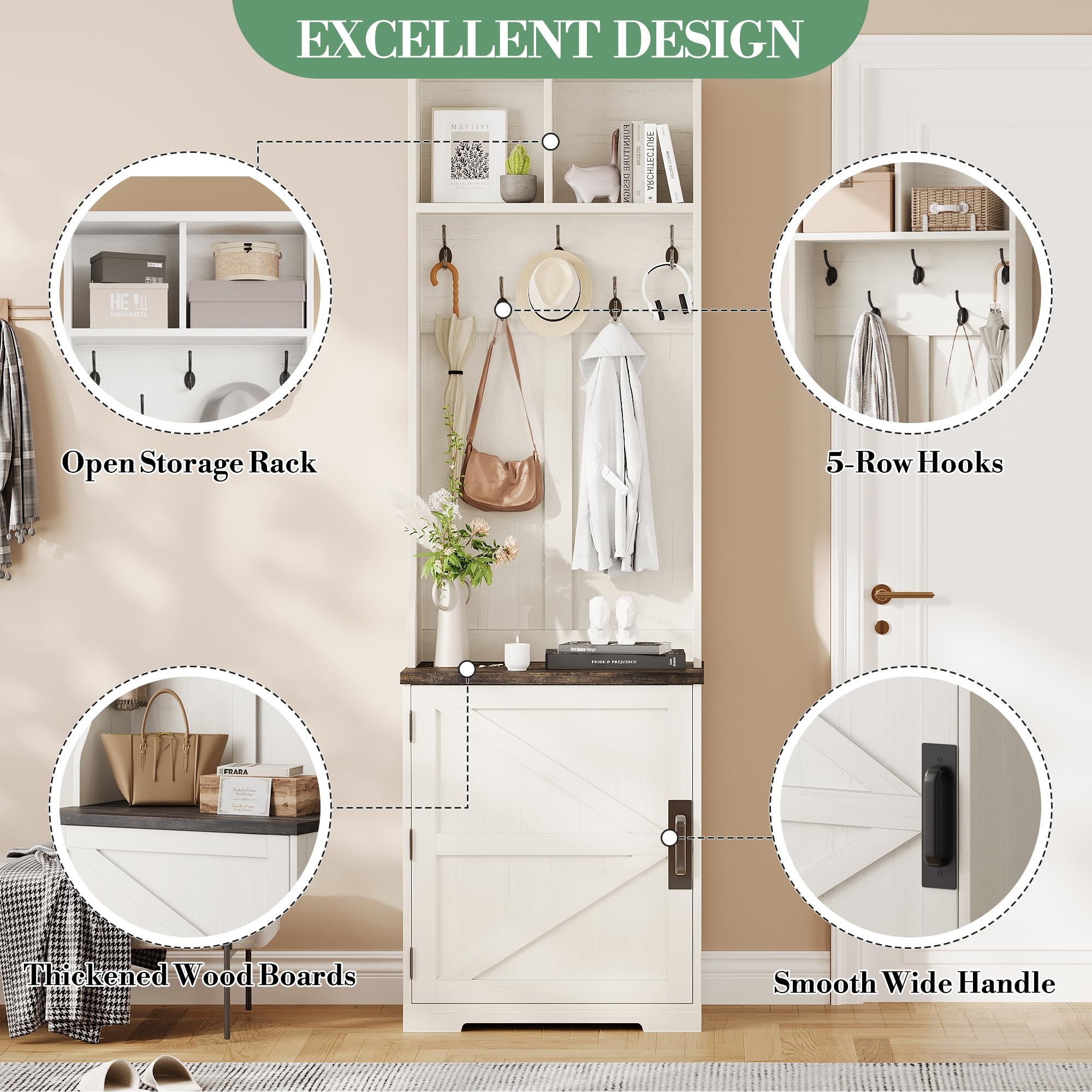 IDEALHOUSE Farmhouse Narrow Coat Rack with Shoe Storage, 23.6" Small Hall Tree with Bench, Entryway Coat Rack with 5 Hooks, 2 Cubbies & 1 Barn Door Cabinet for Entryway, Hallway, Mudroom, White/Brown