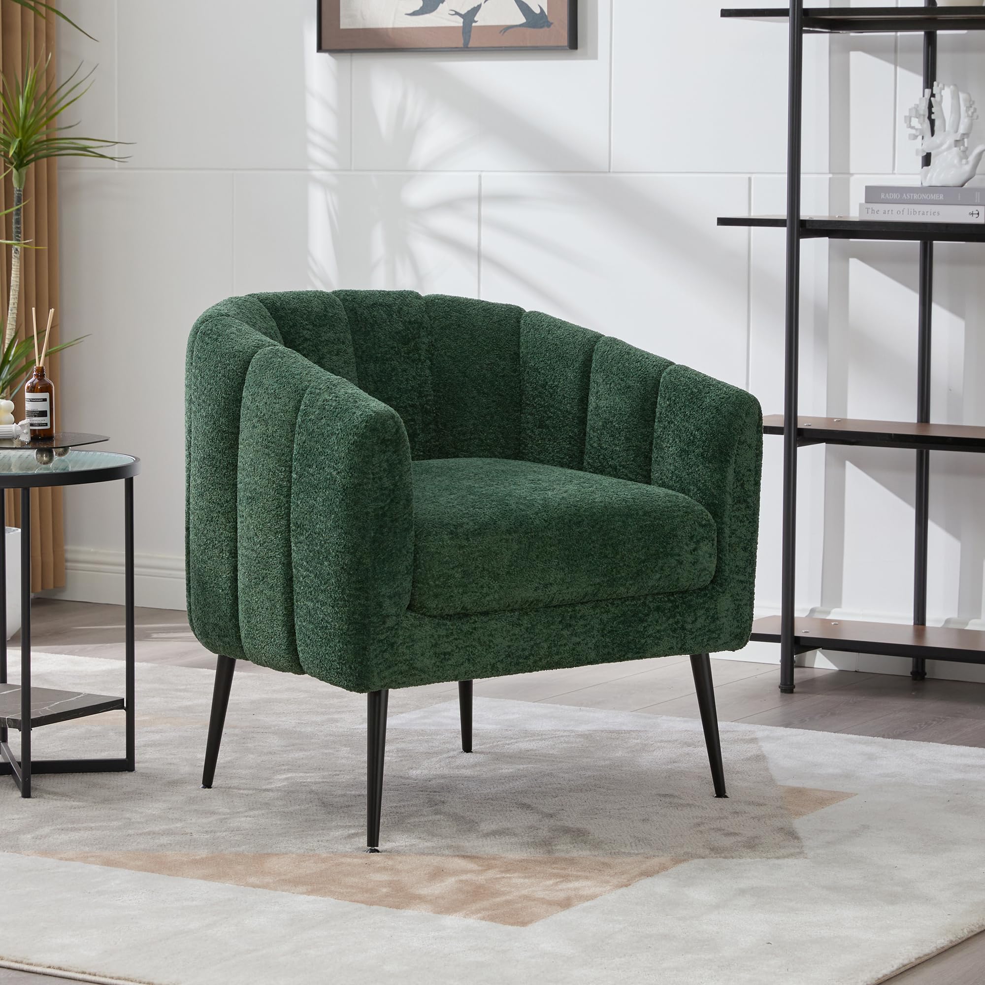 Noble House Home Furnishings Hucdt 29.9'' Boucle Barrel Club Chair, Upholstered Accent Chair, Channel Tufted Armchair, Extra Seating Lounge with Metal Legs, Single Sofa for Living Room Home, Green