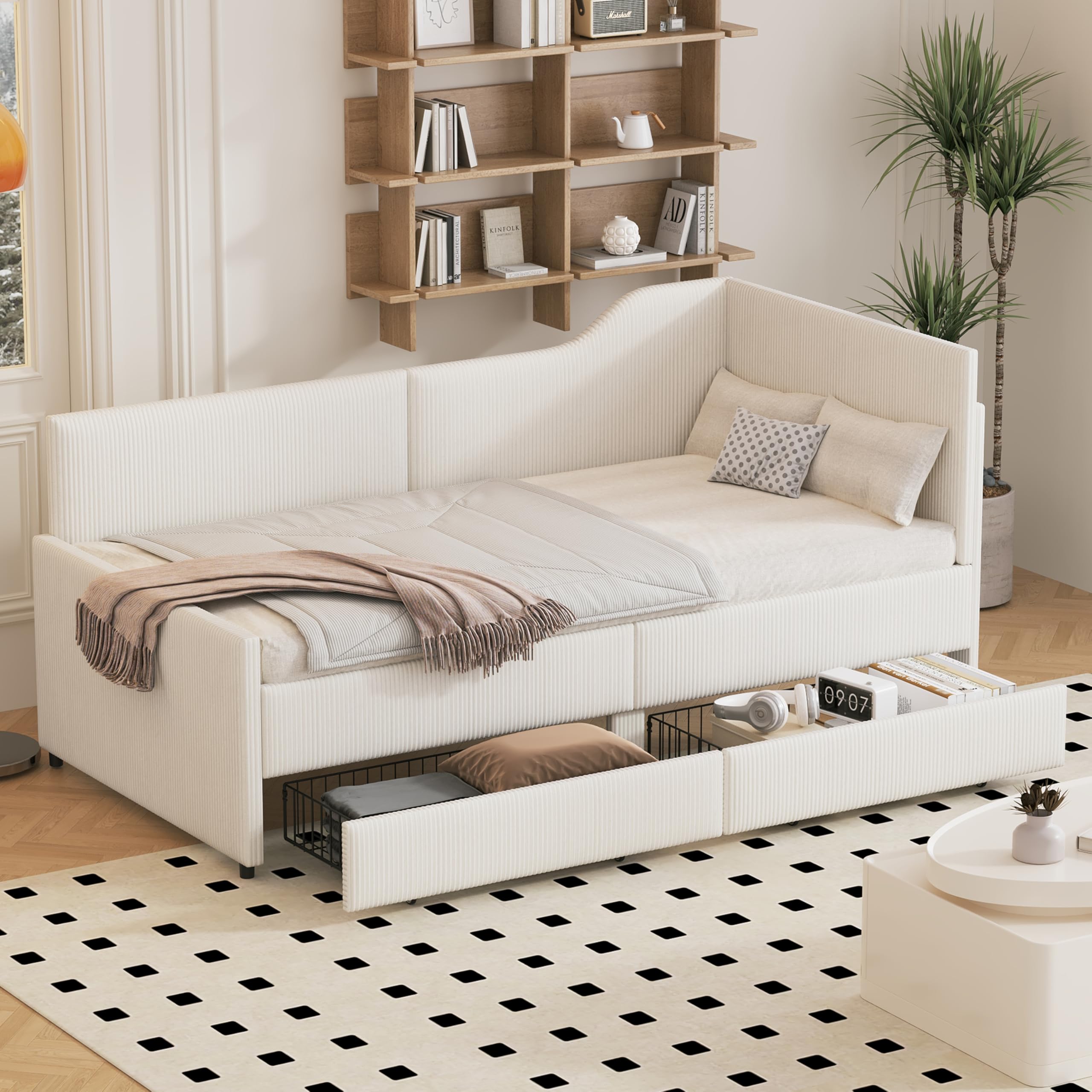 GDFStudio Twin Size L Shaped Corduroy Daybed Upholstered Bed Frame with 2 Storage Drawers Wooden Slats Semi Enclosed Design No Box Spring Needed, Beige
