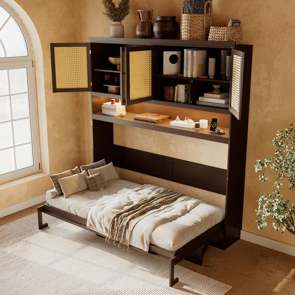 DNYN Murphy Bed Frame with Top Cabinet and LED for Bedroom/Guest/Study Room, Twin Size Wooden Foldable Wall Bed with USB Ports, Space-Saving Design & No Box Spring Needed