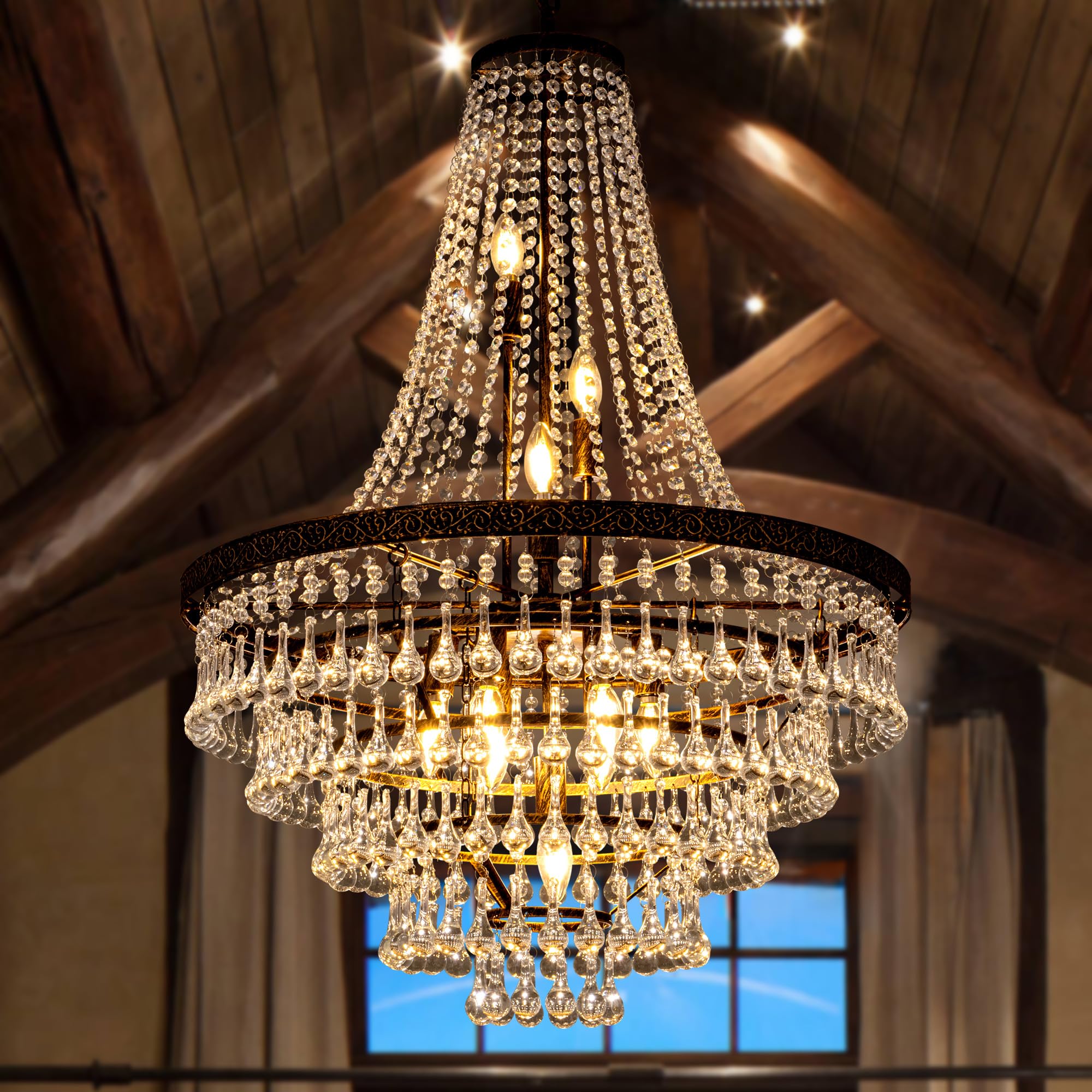 Wellmet French Empire Crystal Chandeliers, Antique Bronze Chandeliers 10 Lights, Rustic Farmhouse Chandelier High Ceiling Light Fixture for Entryway, Foyer, Dining Room, Staircase (Bronze, 28 Inches)