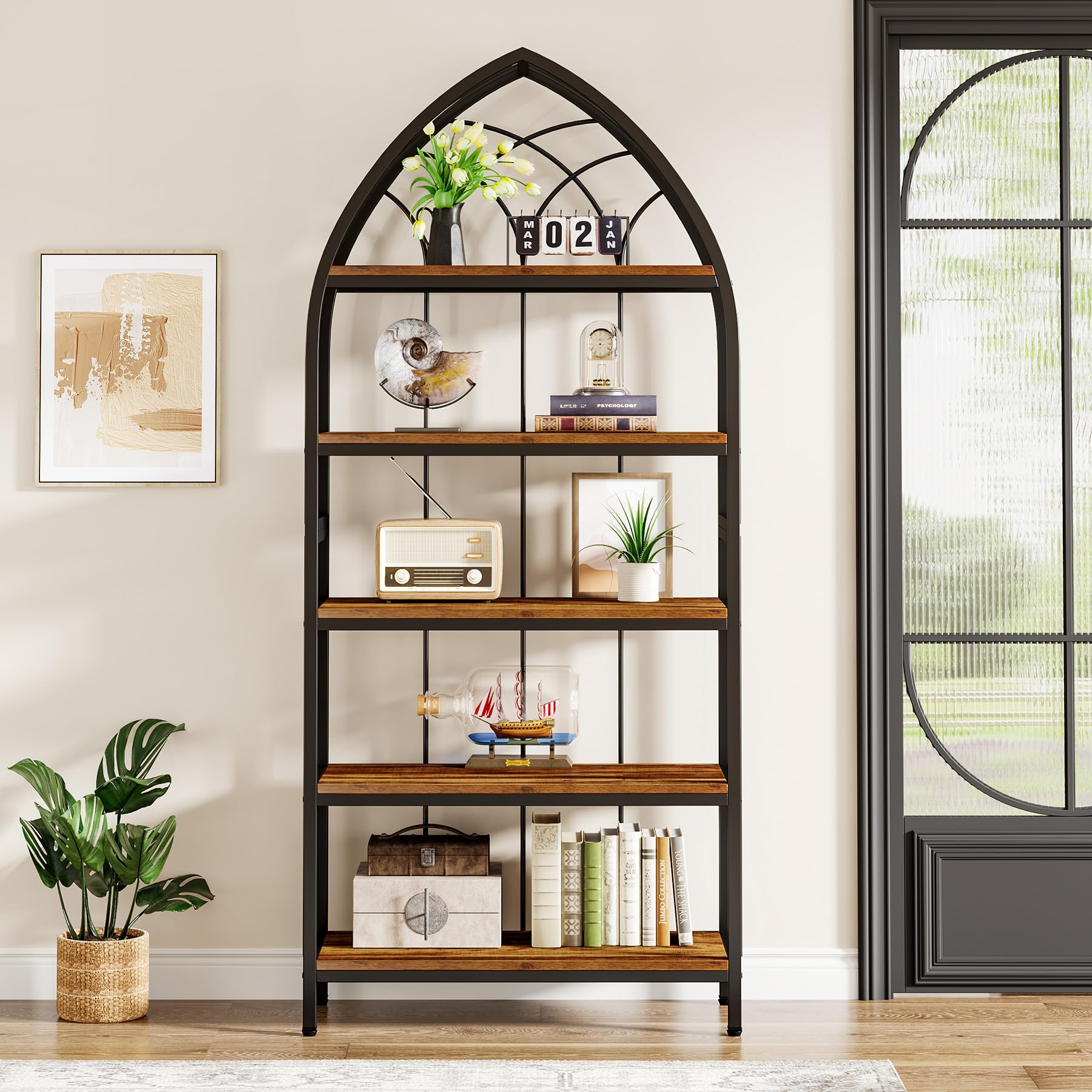 Tribesigns 5-Tier Bookshelf, 74.8-Inch Tall Bookshelf, Industrial Curved Freestanding Display Shelf, Wood Storage Shelves with Metal Frame for Home Office (2, Rustic Brown & Black)