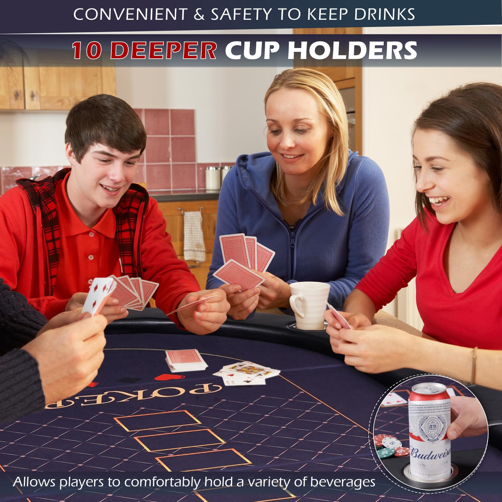 REAHOISY 10 Player Poker Table Foldable, Folding Texas Holdem Casino Table with Padded Rails & Cup Holders, Portable Poker Game Table for Home or Game Room, 84 Inch