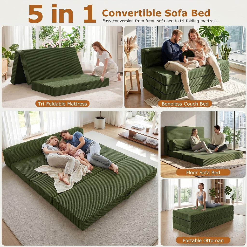 JUIKURY 5 in 1 Foldable Floor Sofa Bed, Tri-Fold Memory Foam Futon Mattress, Convertible Sleeper Couch Guest Bed, Portable Fold Out Sofa Couch for Living Room Apartment Office Guest Room
