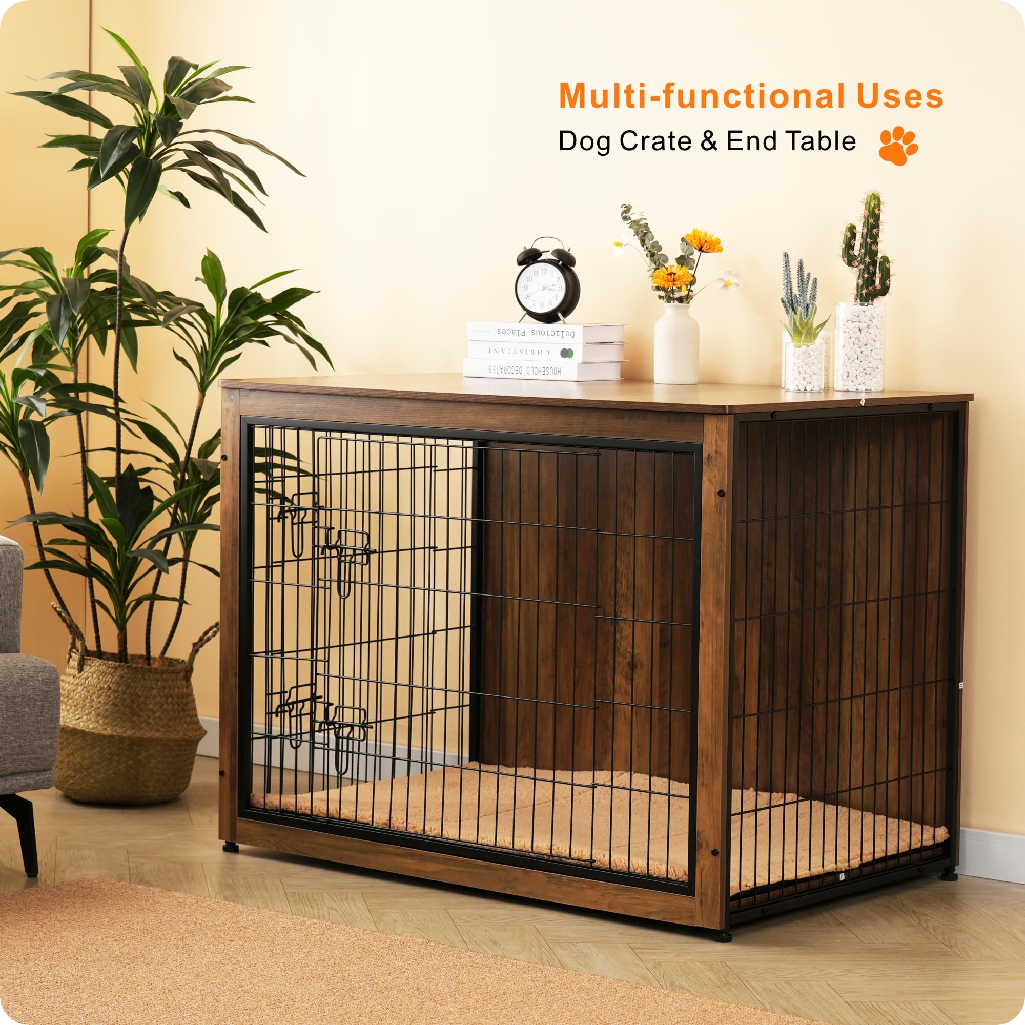 DWANTON Dog Crate Furniture with Cushion, Wooden Kennel Table with Double Doors, Indoor Dog House, Extra Large, 43.3" L, Warm Brown