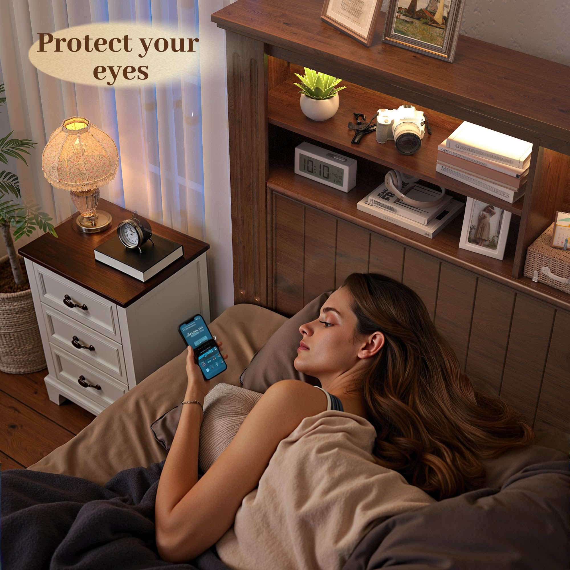 EnHomee King Size Bed Frame with 4 Storage Drawers and Headboard,LED Lights & Charging Ports,No Box Spring Needed for Big House,Noise-Free,Wooden,Brown