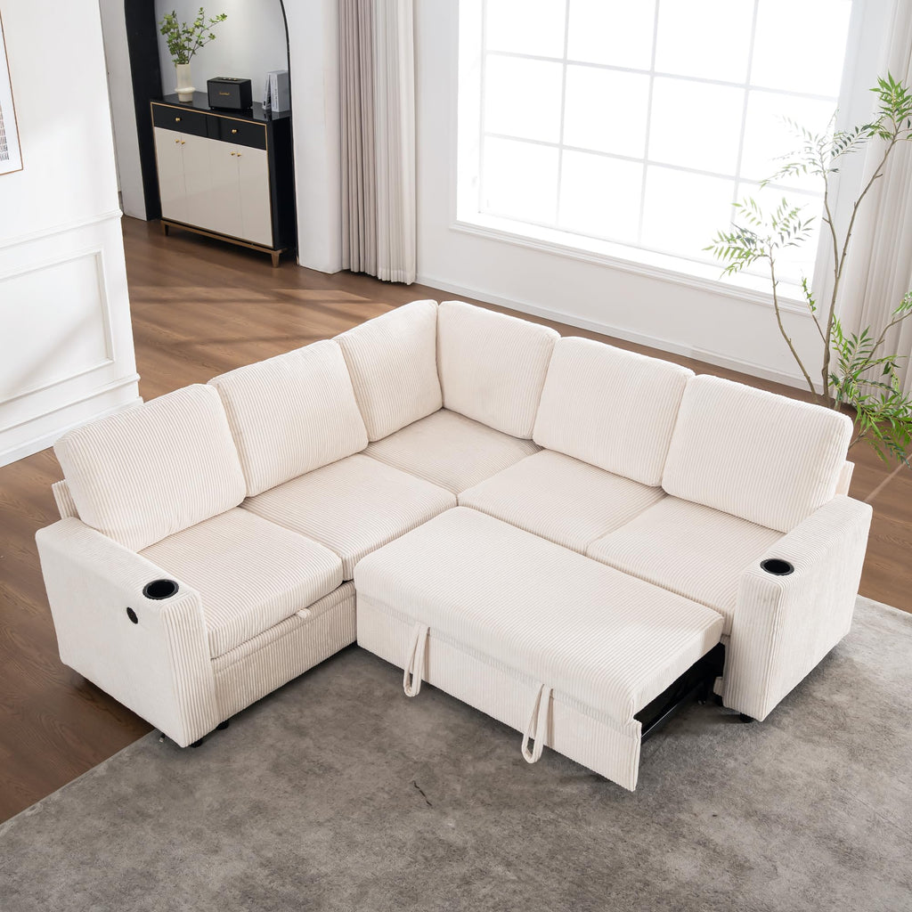 KEIKI 83" 4Seat Modular Sectional Sleeper Pull Out Bed Corduroy Sofa Couch with Chaise Storage Reversible USB Cup Holders for Modern Home Home Office Family Friendly Refined Design White