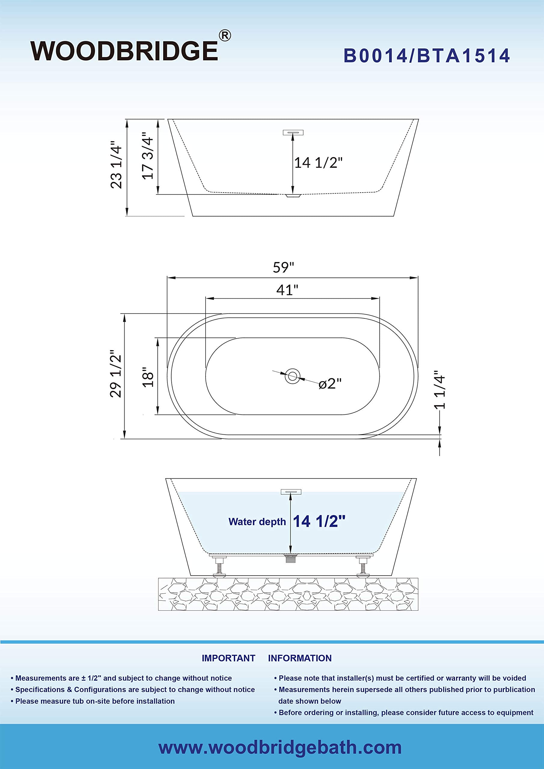 WOODBRIDGE 59" Freestanding White Acrylic Soaking Bathtub with Brushed Gold Drain and Overflow,BTA1514 -BG-Drain &O