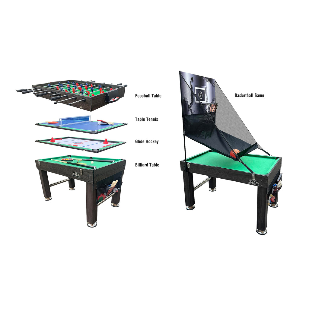 KICK Morpheus 55" 5-in-1 Multi-Game Table (Brown) – Foosball, Billiards/Pool, Ping Pong, Glide Hockey, and Basketball