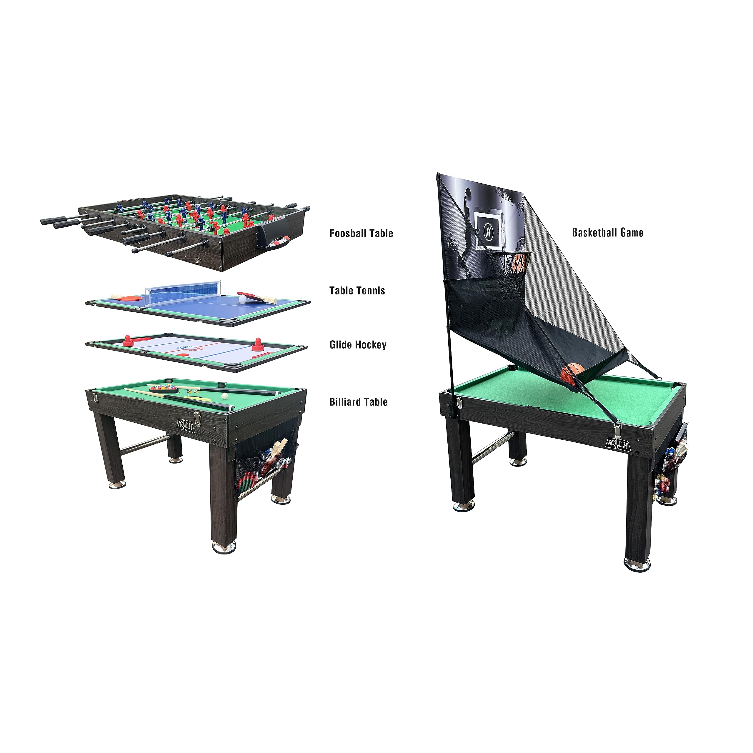 KICK Morpheus 55" 5-in-1 Multi-Game Table (Brown) – Foosball, Billiards/Pool, Ping Pong, Glide Hockey, and Basketball