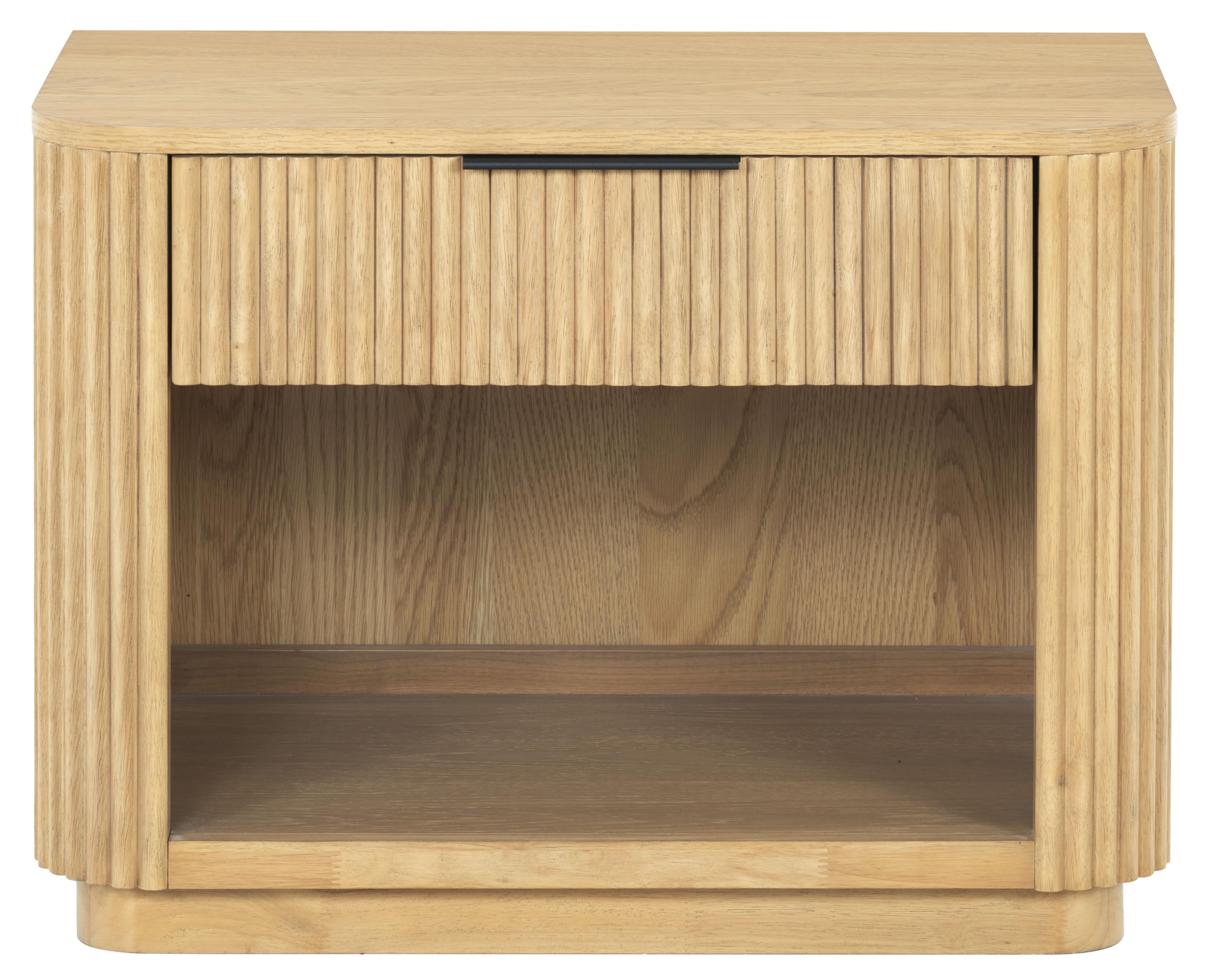 SAFAVIEH Couture Collection – Barrymore Greige Oak Reeded Wood Nightstand, 1 Drawer Bedside Table with Open Shelf, Fully Assembled (SFV2224A)
