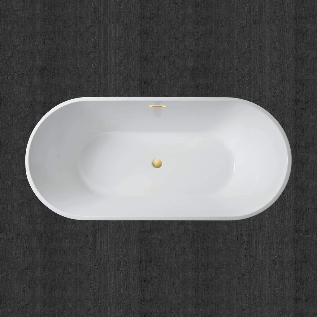 WOODBRIDGE 59" Acrylic Freestanding Bathtub Contemporary Soaking White Tub with Brushed Gold Overflow and Drain，B0014-BG